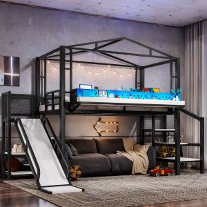 Lit mezzanine Twin, escalier rangement, USB, LED, noir