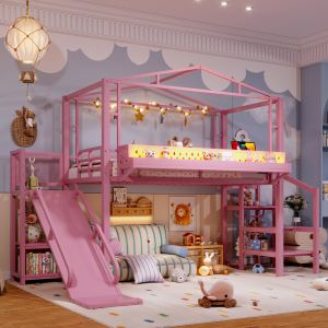 Lit mezzanine twin escalier rangement DEL USB rose