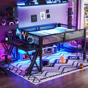 Lit gamer taille complète bureau LED rampe noire