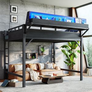 Lit mezzanine Queen avec rangements et tableau perforé, ports USB et LED
