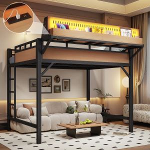 Lit mezzanine Full, rangement étagères, ports USB, LED, naturel