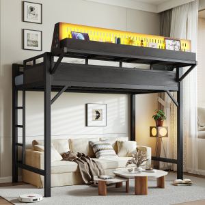 Lit mezzanine Twin XL, rangement étagères, USB, LED, noir