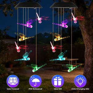 2 carillons solaires extérieurs LED, libellule multicolore