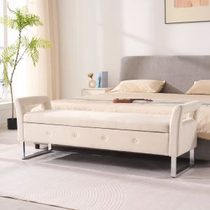 Banc rangement velours 67,91 po, accoudoirs, beige