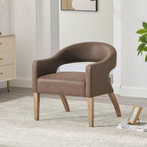 Fauteuil barrel PU dossier ouvert, pieds bois teinté