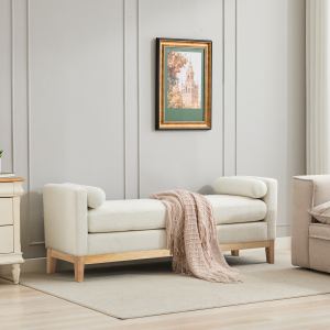 Banc lit 66,34po, ottoman, matelassé ivoire, pieds bois, 2 coussins