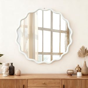 White 30 Inch Wavy Round Solid Wood Frame Decorative Mirror,For Bedroom, Bathroom, Living Room, Entryway