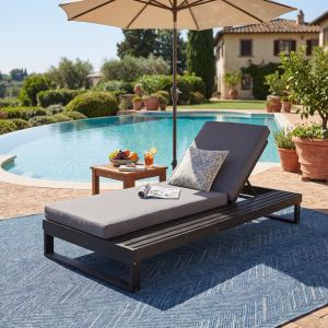 Chaise longue acacia noir coussin gris 4po, patio 4 positions
