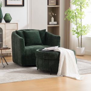 Fauteuil tonneau 39" vert 360° ottoman rangement