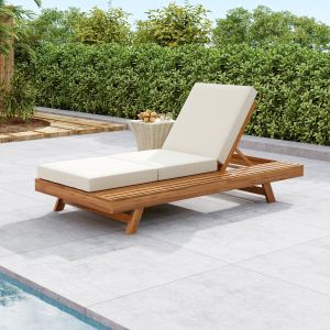 Ensemble chaise longue, bois acacia, coussin crème, version gris foncé disponible