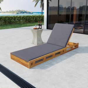 Ensemble chaise longue, bois acacia, coussin gris résistant eau