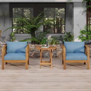 Ensemble 4 chaises patio bois acacia coussin bleu, table latérale pliable