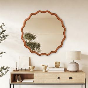 Miroir rond ondul 36po bois brun