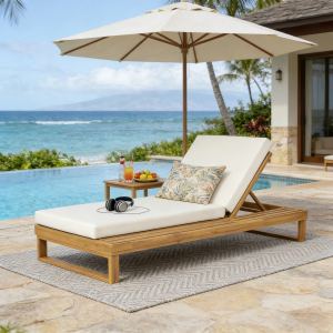 Méridienne Acacia finition teck, coussin crème 4po, ajustable 4 positions