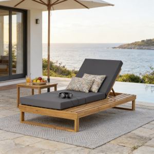 Chaise longue acacia teinte teck avec coussin gris