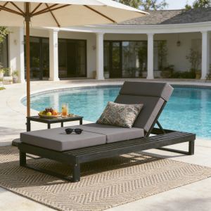 Chaise longue bois acacia noir, coussin gris 4 po, patio piscine, beige disponible