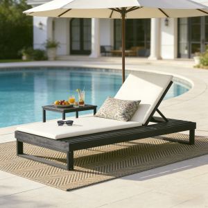 Black Acacia Wood Chaise Lounge With 1.57-Inch Cream 2-Fold Cushion Set, 4-Position Adjustable With Flat Side Surface, For Poolside - Matching Dark Gray,leaf Coconut Version Available