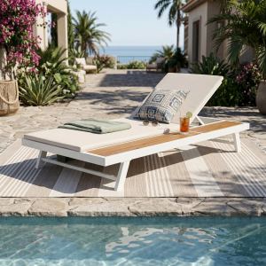 White Iron   Teak Finish Outdoor Chaise Lounge Set With Cream Cushion, 2  Thick 2-Fold Water-Resistant Cushion, Adjustable Backrest With Flat Storage Surface For Patio Poolside