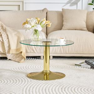 Table café verre trempé rond 27,5po base métal doré