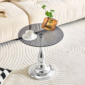 Table appoint métal argent, plateau verre 19,6 po dia.