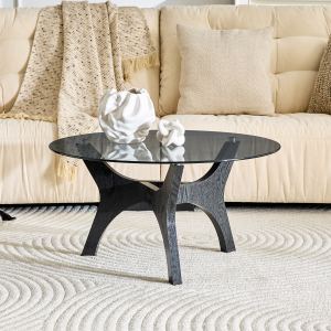 Table de café verre 31,5po, style mid-century, bois noir, pièce maîtresse