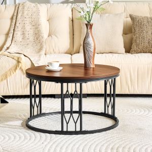 Table café MDF noyer Ø27,5", design industriel, assemblage facile