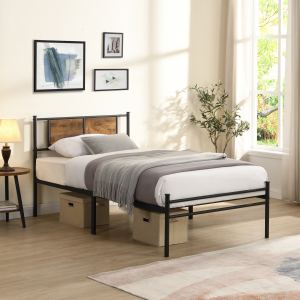 Lit metal Twin XL tête de lit panneau bois noir