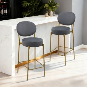 2pc tabourets bar velours gris, dossier, repose-pieds, cuisine