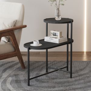 Table café ronde rangement 2 étages bois noir côté