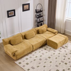 Fauteuil modulaire bambou velours chenille profond, 3 coussins