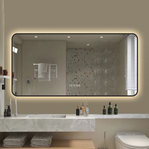 Miroir mural 29x39 noir, coins arrondis, affichage temp, lumière