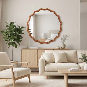 Miroir rond décoratif ondulé 24 po, bois brun, cadre