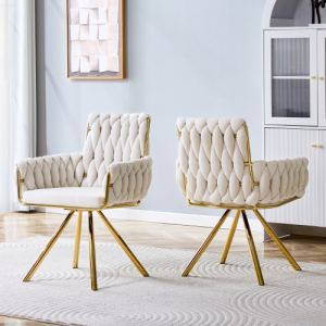 Chaises dining velours tressé 2 pc, pieds or, beige