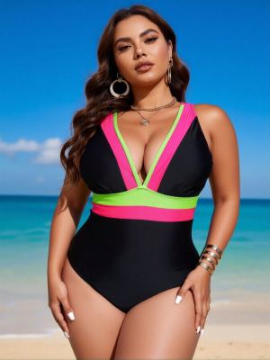 Maillot 1 pièce 2026 taille plus noir rose fluo-vert