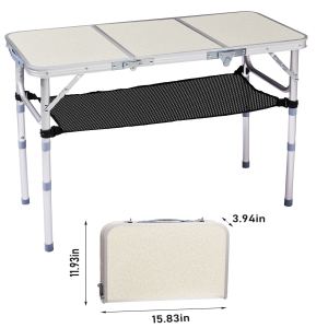 Table camping alu pliable 3pi, hauteur ajustable, rangement mailles
