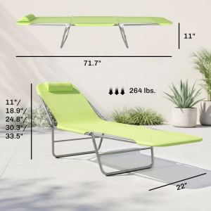 Chaise longue pliante piscine, oreiller, dossier inclinable, mailles vert