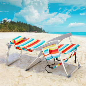 Chaise plage pliante rayures arc-en-ciel, poche et oreiller