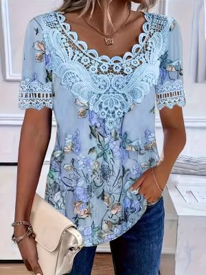 T-shirt grande taille dentelle patchwork imprimé femme