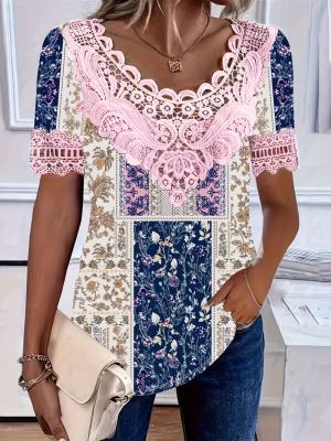 T-shirt femme imprimé floral dentelle, col rond, manches courtes