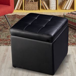 Pouf ottoman cube rangement pliable noir