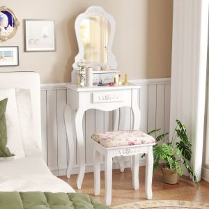 Table maquillage blanc 3 tiroirs tabouret rembourré