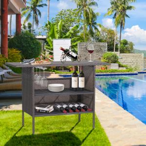 Table bar rotin extérieur avec 2 tablettes métal