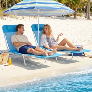 2x Chaise lounge pliable maille bleue plage patio
