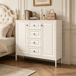 Buffet rangement 40,16 po, 4 tiroirs, 2 portes, étagères ajustables, beige