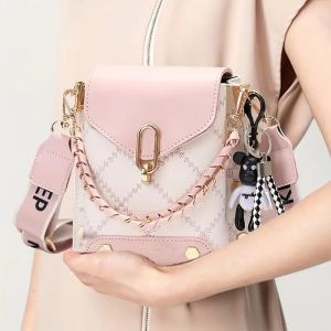 Only Self Pickup---Women's Trendy Plaid Mini Shoulder Bag With Bear Charm, Chain Strap, And Colorblock Design  Perfect For Casual Outings And Daily Use Earth Yellow Black