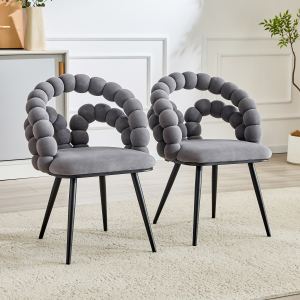 Ens. 2 chaises à manger velours gris bulles, dossier incurvé