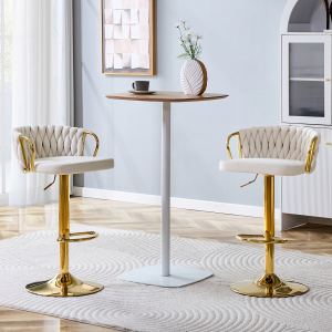 Tabourets bar velours tressé hauteur ajustable, base or, beige
