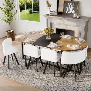 Ensemble table à manger 9 pièces ovale, 8 chaises cuir blanc