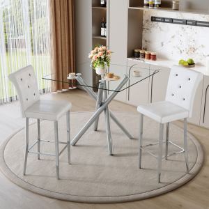 Table bar verre 2 tabourets cuir blanc chromé petit espace
