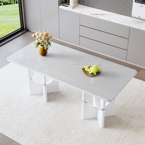 Table salle à manger MDF, motif marbre blanc, cadre métal, petit espace